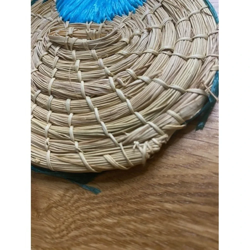 Unbranded Straw Coasters Set of 6 Tan Blue Good Jamaica Floral Woven Raffia